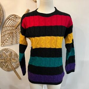 Vintage Multicolor Cable Knit Sweater Bold Striped Crewneck Statement Knit L